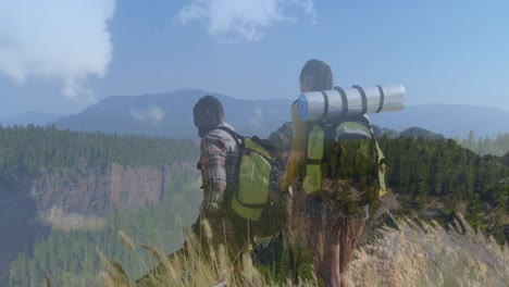 Video-of-lights-over-biracial-man-and-woman-walking-in-nature