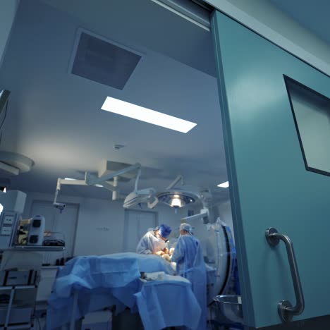 operating theater from corridor. doctors conduct surgery in the modern operating room. view from the door. healthcare concept.