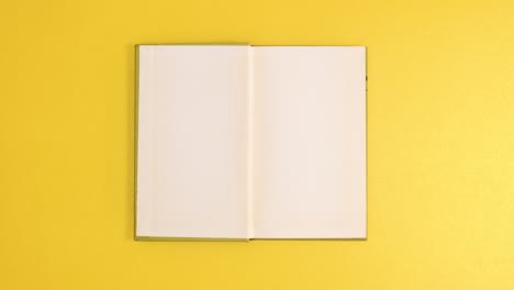 green vintage hardcover book appear and open with copy space on golden background. stop motion flat lay