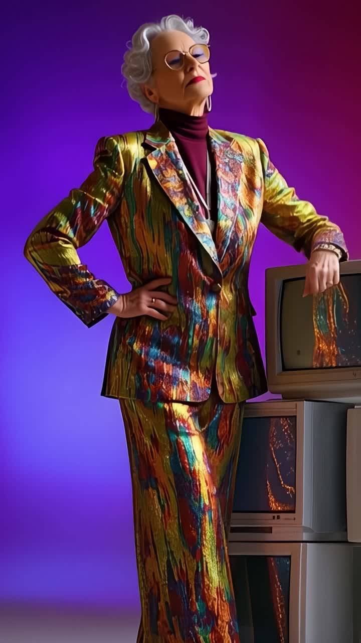 Un elegante ritratto di un individuo sofisticato in un abito metallico colorato, con televisori vintage su uno sfondo viola vivido, catturato in due inquadrature.