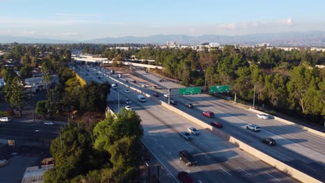 Static-drone-shot-of-Route-101-in-Studio-City,-California