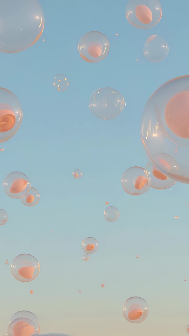 Vertical video: Gliding peach-core bubbles rising in pale sky gradient, with glinting highlights