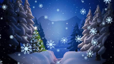 Animation-of-snow-falling-at-christmas-over-fir-trees