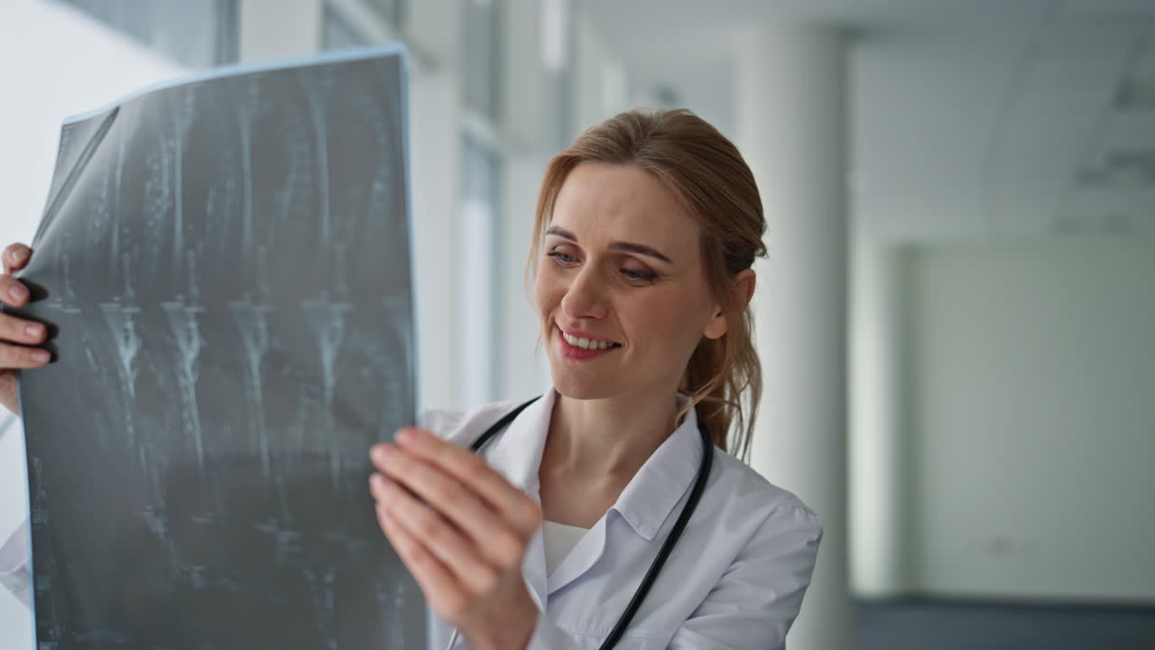 Happy doctor examining scan in healthcare clinic. Closeup radiologist working
