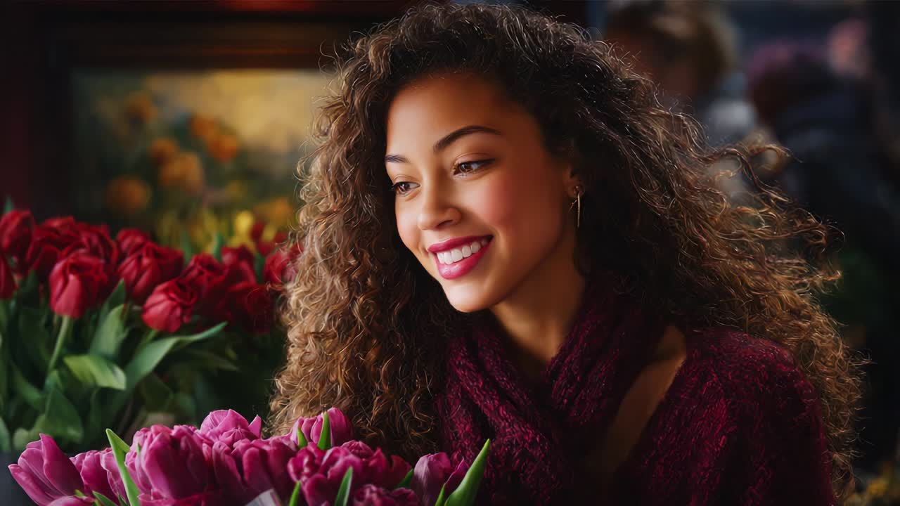 Captivating Beauty Amidst a Vibrant Floral Display: A Young Woman with Lush Curly Hair Smiling Radiantly While Surrounded by Colorful Blooms in a Charming Floral Marketplace Setting