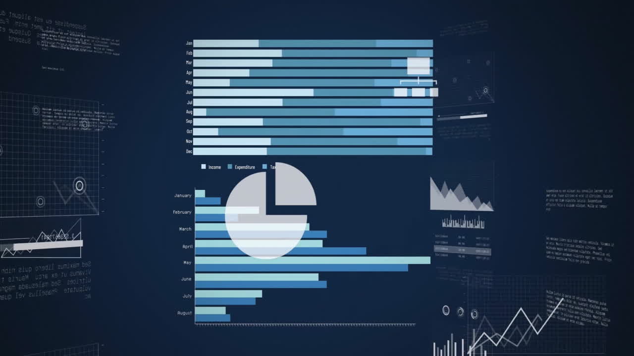 Animation of financial data processing with business icons on black background