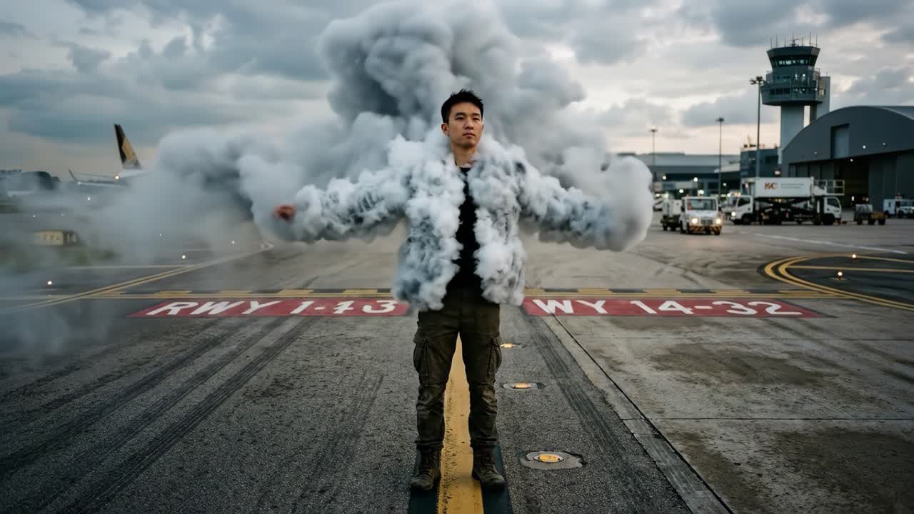 Man Standing on Airport Runway with Smoke Cloud Effect