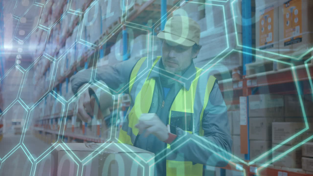 Organizing boxes, warehouse worker with digital hexagonal animation data overlay