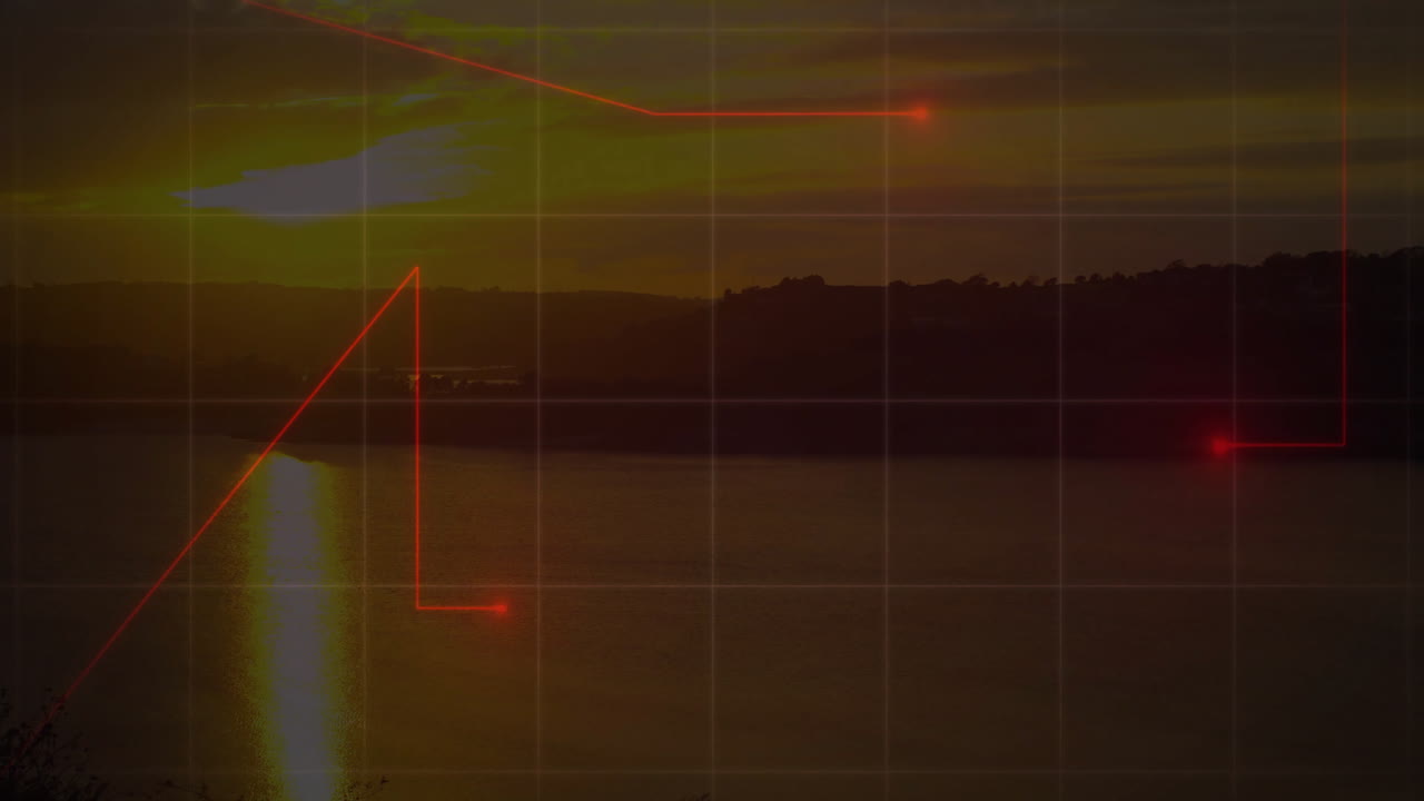 puntos de datos rojos y líneas de animación sobre el paisaje de puesta de sol con agua y colinas