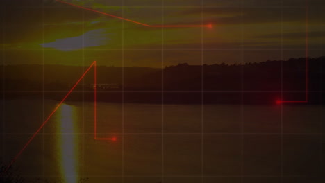 puntos de datos rojos y líneas de animación sobre el paisaje de puesta de sol con agua y colinas
