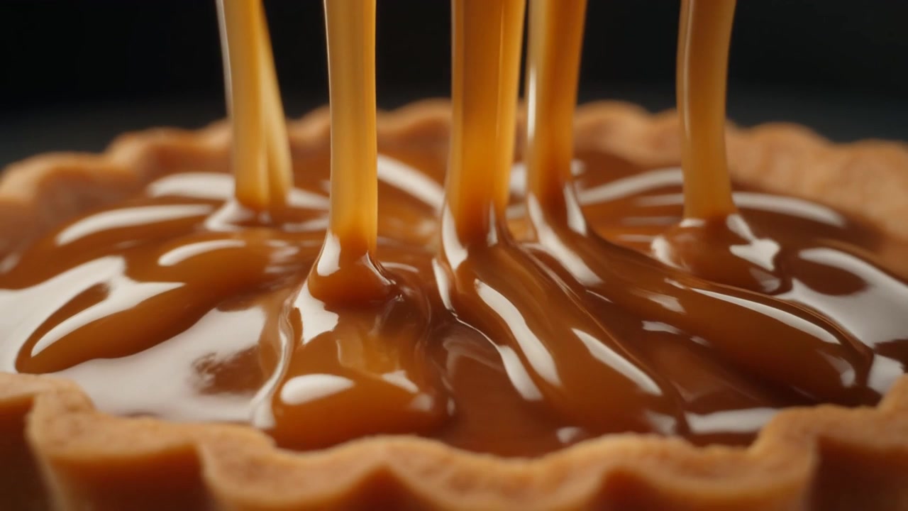 Salsa al caramello densa che si versa su una crostata fresca