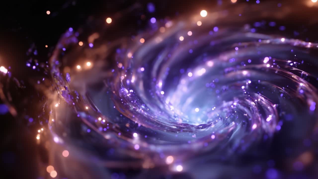A stunning cosmic swirl of luminous purple and blue lights, depicting the mesmerizing beauty of a spiral galaxy with sparkling stars and ethereal motion
