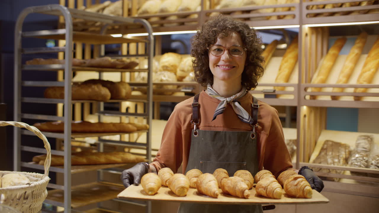 Padeiro Sorridente Exibindo Croissants
