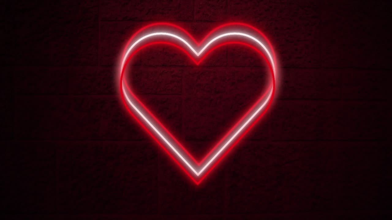 Animazione di cuori al neon rossi e bianchi lampeggianti su muro di mattoni scuro