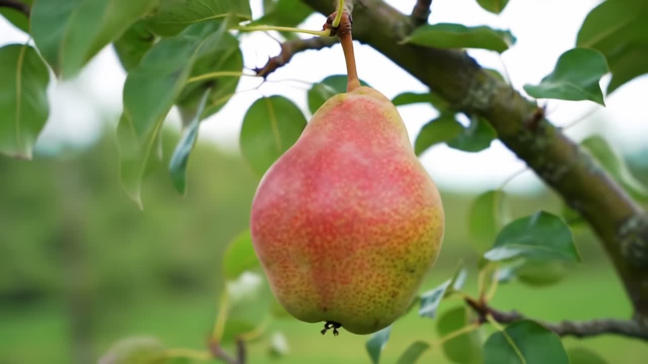 Fresh Pear Hanging From a Tree Branch in a Lush Orchard During Harvest Season