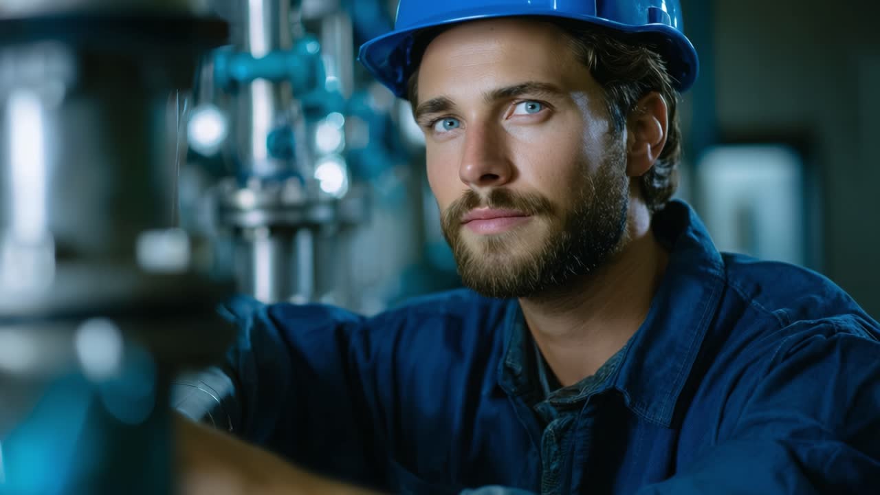 Focused Engineer in Hard Hat Examining Industrial Machinery with Precision and Care, Showcasing Expertise and Professionalism in a Technical Environment