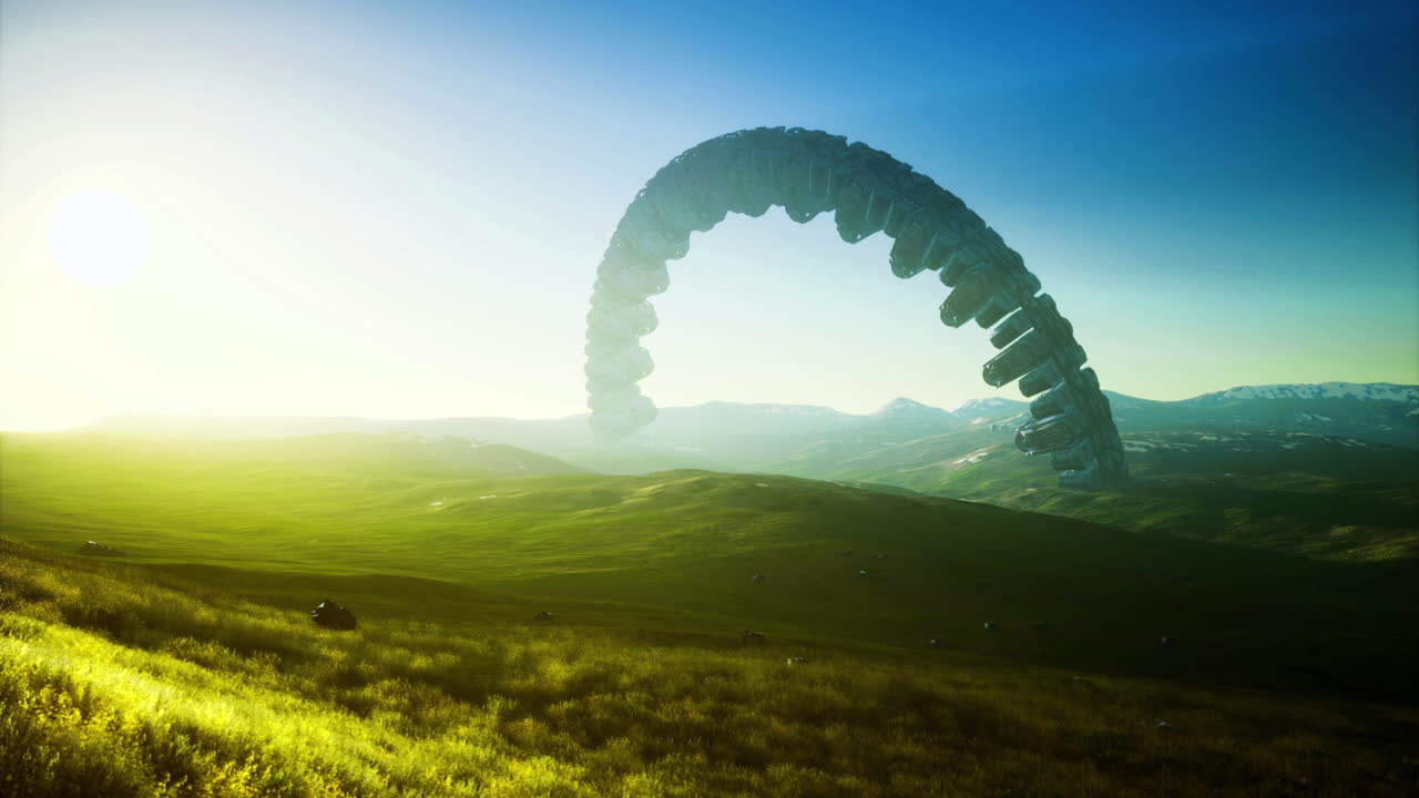 Mysterious alien vessel hovers above serene green landscape at dawn