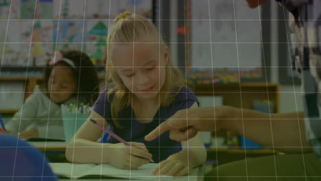 animation of charts processing data over diverse male teacher and schoolgirls working in class