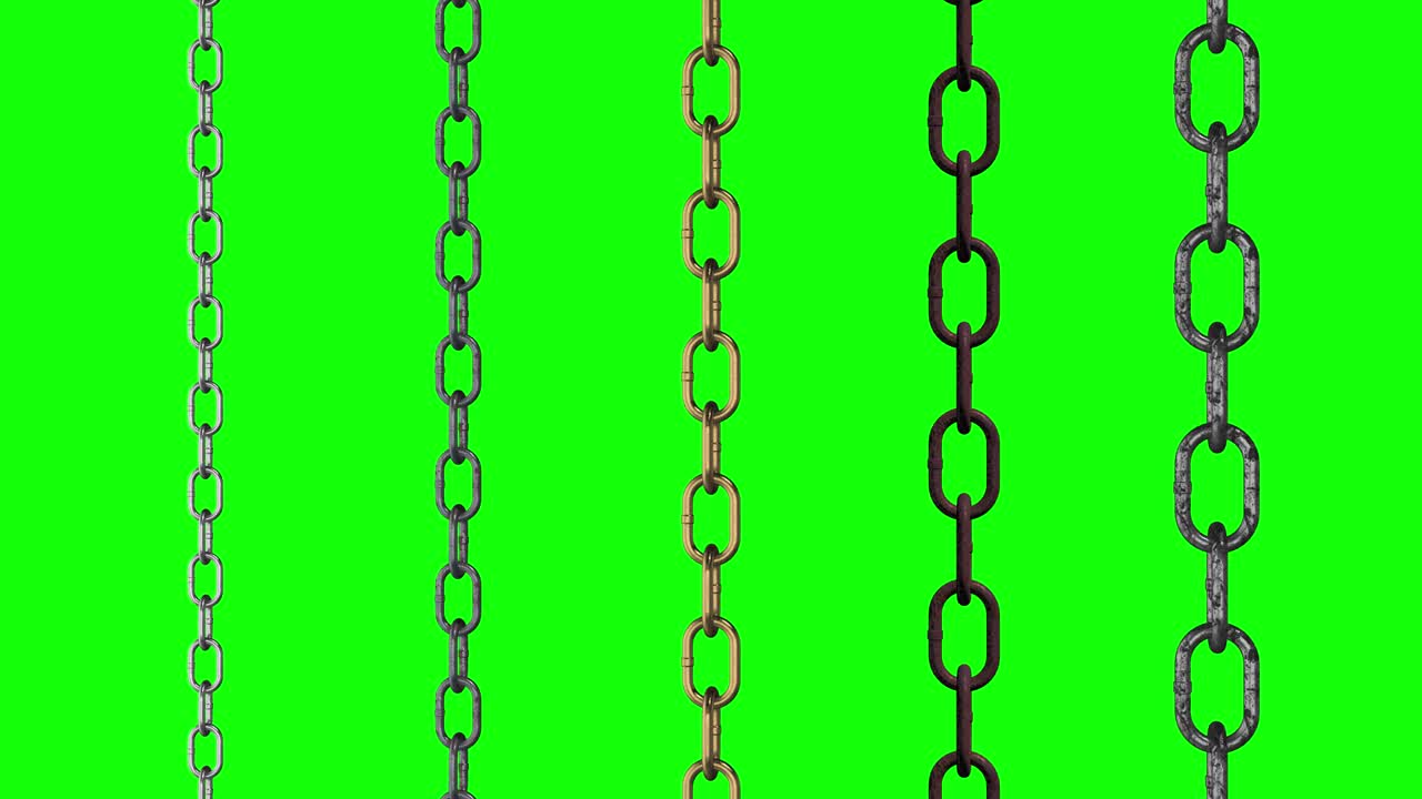 5 tipos de cadenas metálicas trabajan animación de bucle de pantalla verde 3d