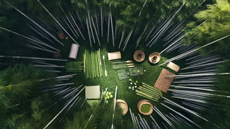 overhead view of bamboo forest clearing with crafting materials