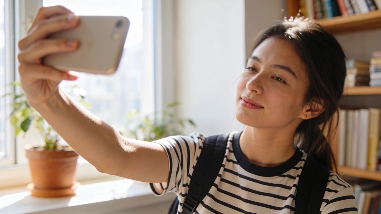 スマートフォンを掲げ、ストライプのTシャツとバックパックを身につけた女性が、植物のある窓辺のくぼみで自撮りを構えている。