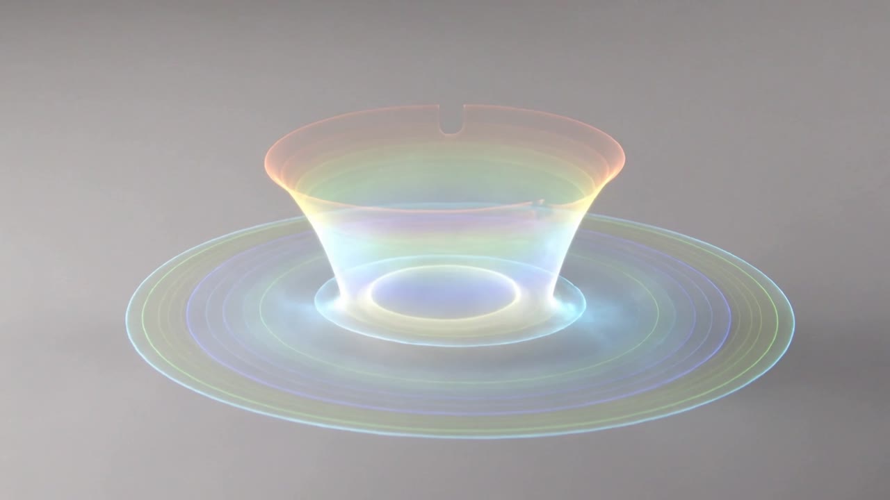 Iridescent funnel form rising from faint glow on gray plane, expanding rings showcasing design