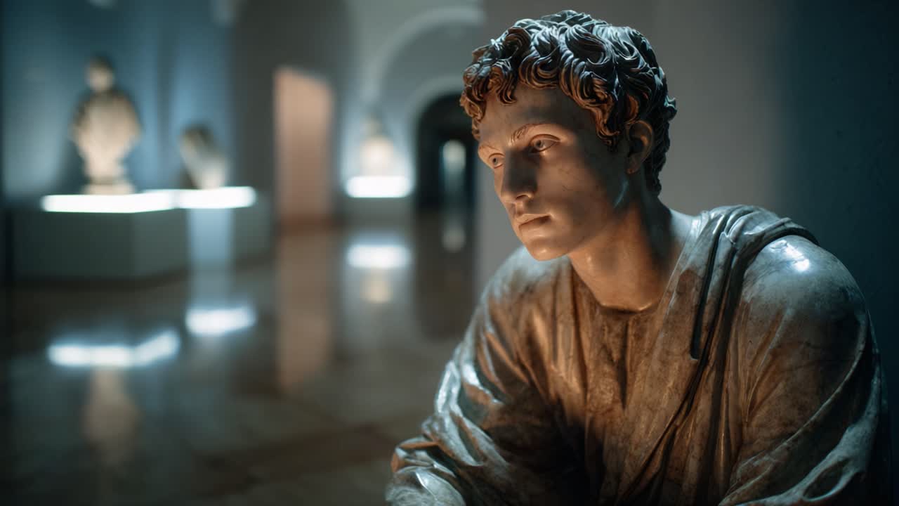 A Majestic Marble Sculpture of Thoughtful Youth in an Art Gallery, Showcasing Intricate Details and Dramatic Lighting that Captures Attention