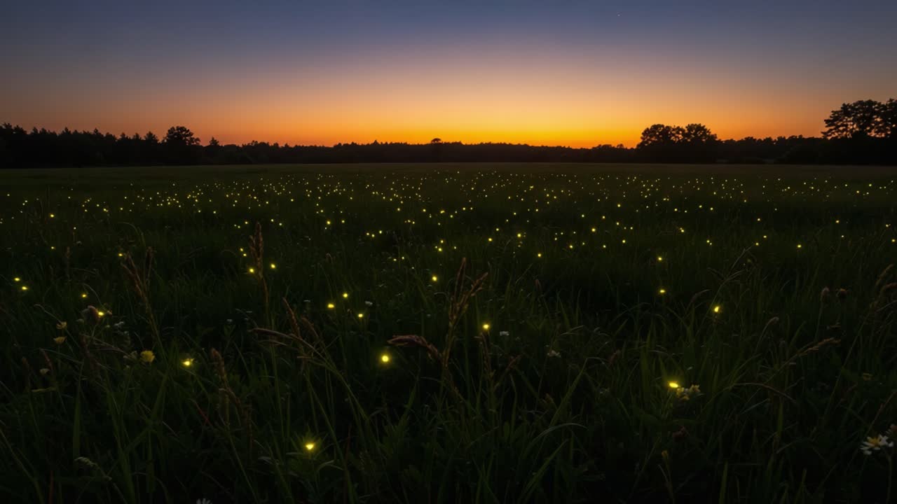 A Magical Twilight Scene Showcasing a Vibrant Field Filled with Glowing Fireflies as the Sun Sets, Creating a Breathtaking Natural Landscape Experience