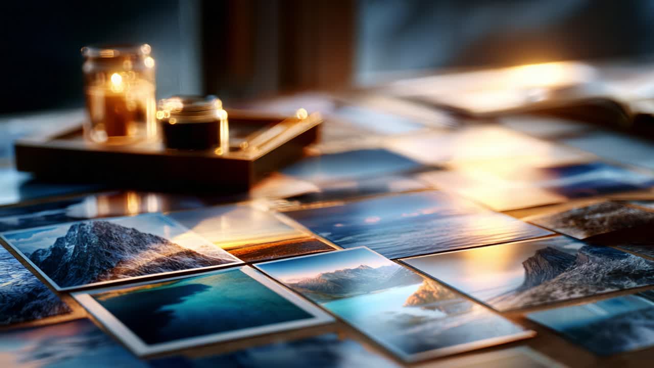 A serene arrangement of photographs capturing nature's beauty, illuminated by soft candlelight, creating an inviting atmosphere perfect for reflection and appreciation
