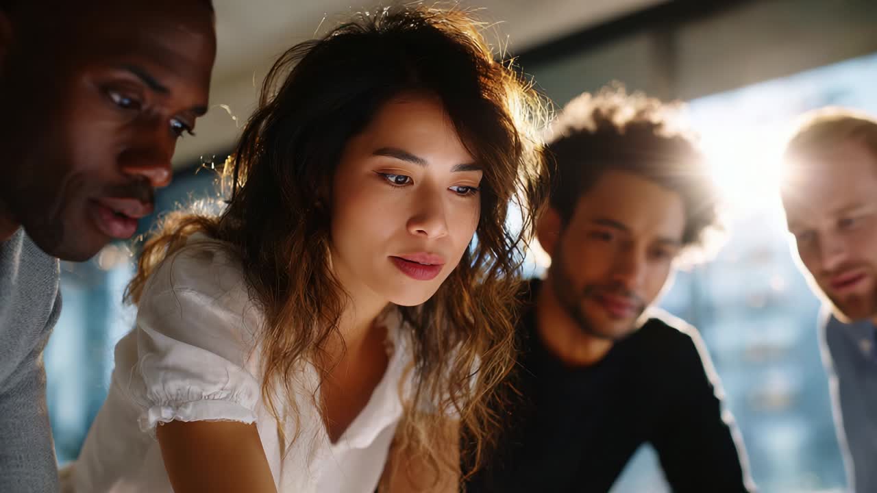 A Diverse Group of Young Adults Collaborating Intently on a Project, Deep in Thought and Analysis, in a Bright Office Environment; Capturing Focus, Teamwork, and Creativity in Action
