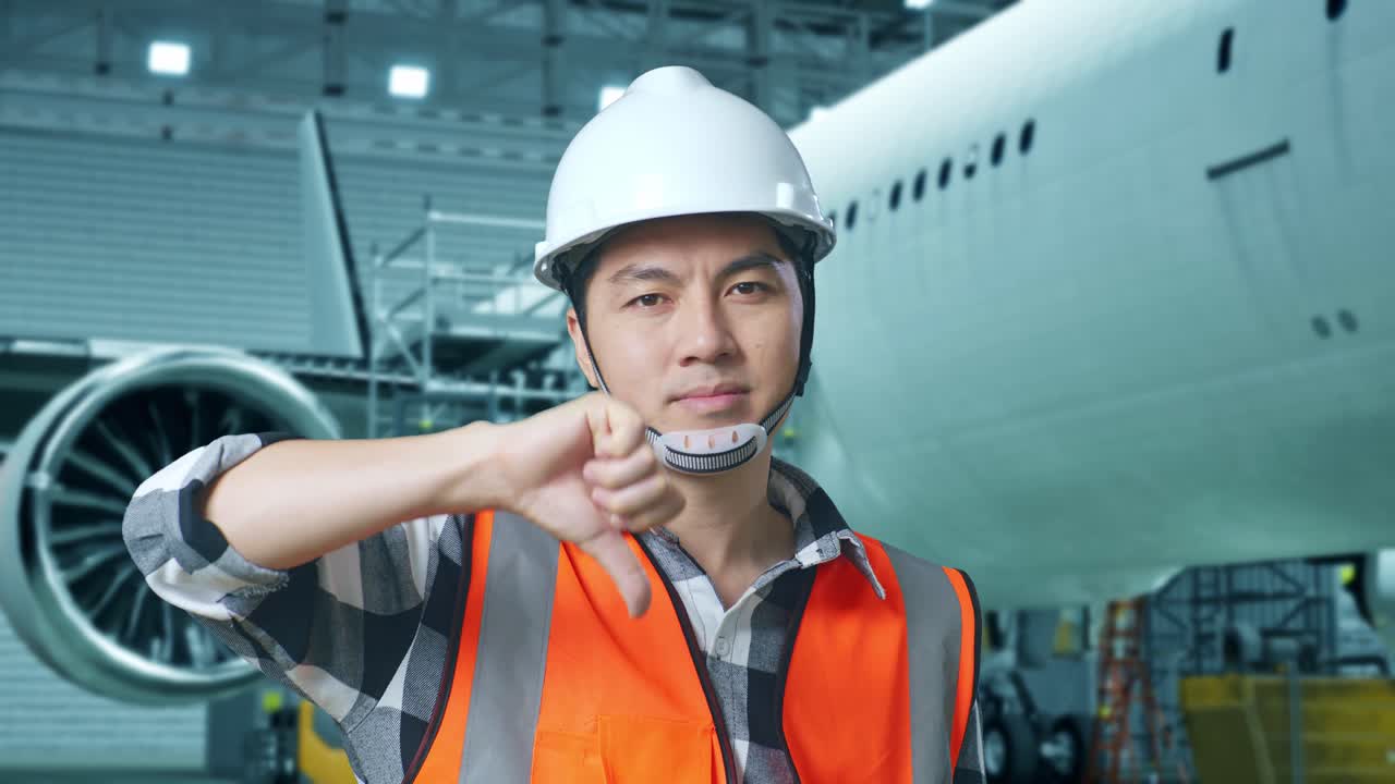 안전 헬을 착용한 아시아 남성 엔지니어가 거에 있는 항공기와 함께 서서 엄지손가락을 아래로 휘두르고 머리를 흔들고 있다.