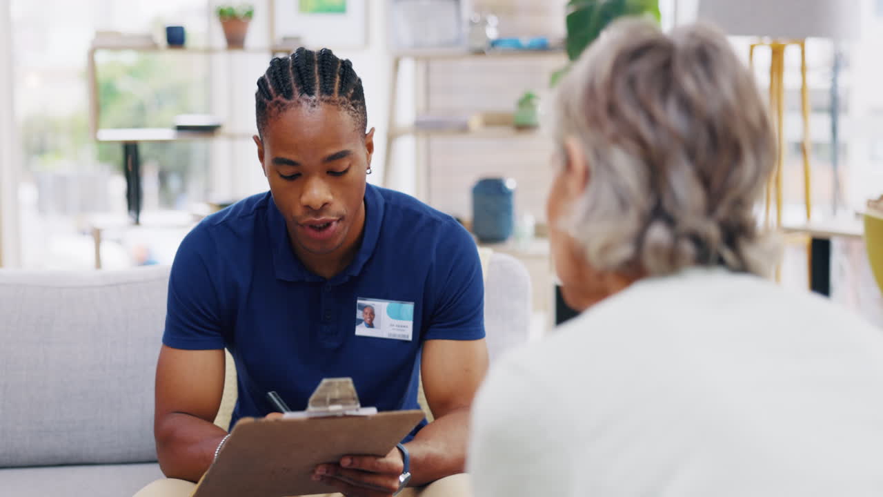 Retirement, checklist and a nurse talking to