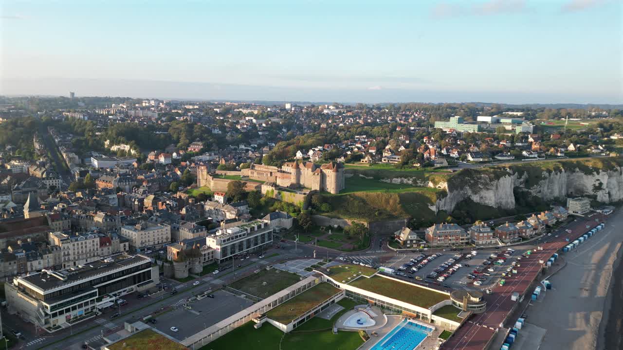 Aerial View of Coastal Town with Castle on Clifftop