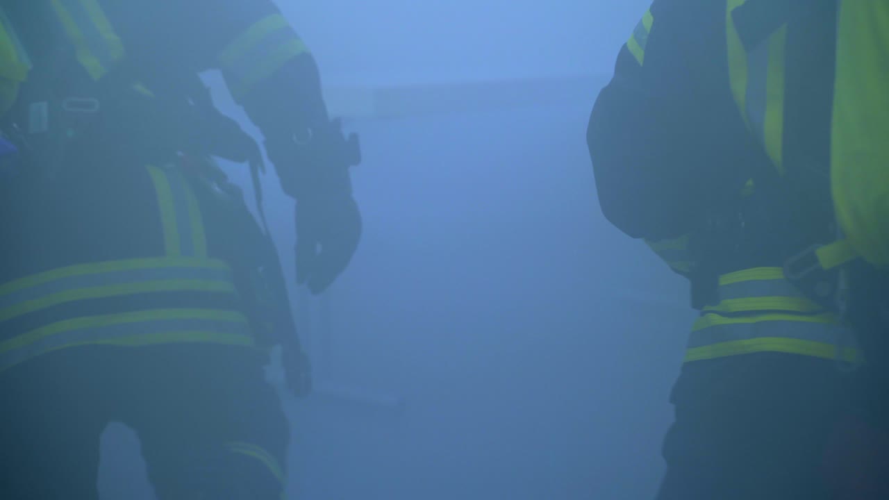 dos bomberos en una habitación llena de humo buscando gente
