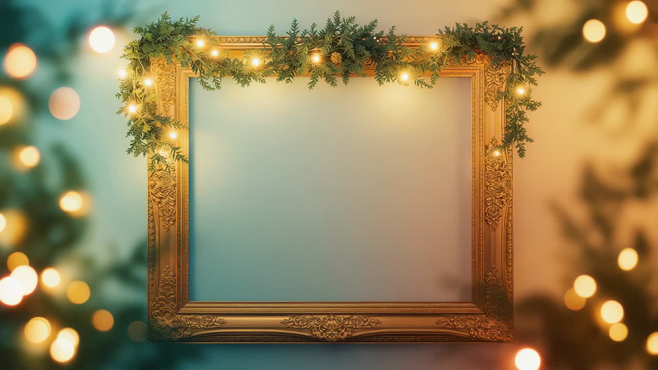 Flickering bulbs on pine garland are casting light on golden frame on interior wall for decoration