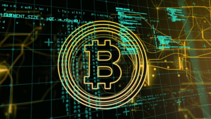 Animazione di elaborazione dati e bitcoin su sfondo nero.