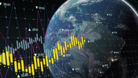 animación del procesamiento de datos a través de la red de rejilla contra el globo sobre fondo negro