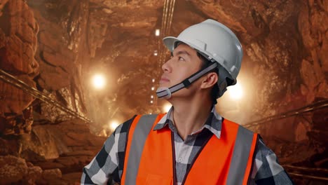 close up of asian male engineer wearing safety helmet looking around while standing with arms akimbo in underground mine tunnel