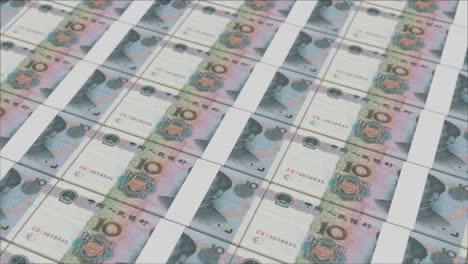impresión de billetes de 10 renminbi chinos por una imprenta de dinero