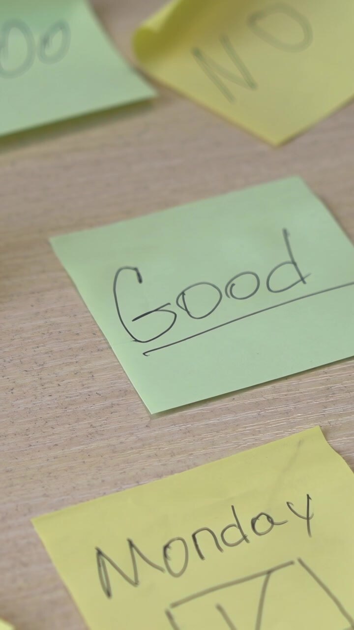 Green Good Sticky Note Picked By White Hand During Review, Editor Evaluating Notes And Priorities On Cluttered. Media