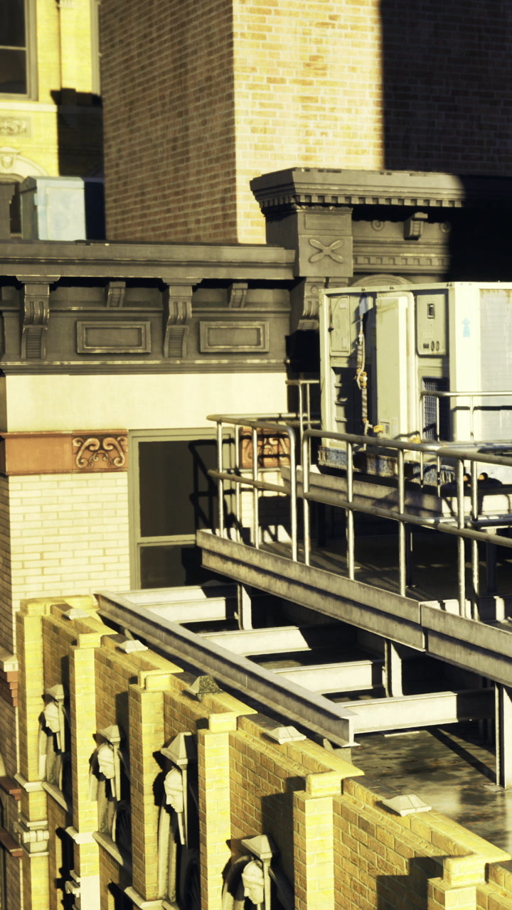 Roof walkway with air conditioning units in urban building scene during day