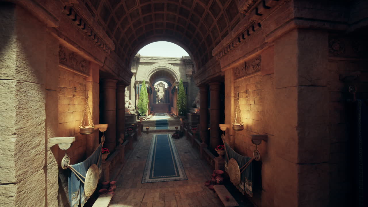 Historic gallery corridor illuminated by lanterns and classical architecture