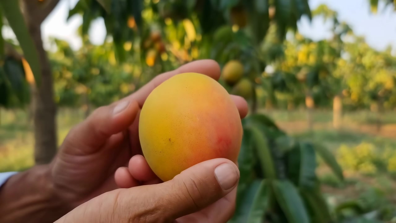 Una vista ravvicinata segue le mani che girano un mango maturo da un lato all'altro, mostrando la buccia giallo caldo con colorazione rossa contro rami frondosi, frutti pendenti, tronchi d'albero e filari di frutteto illuminati dolcemente