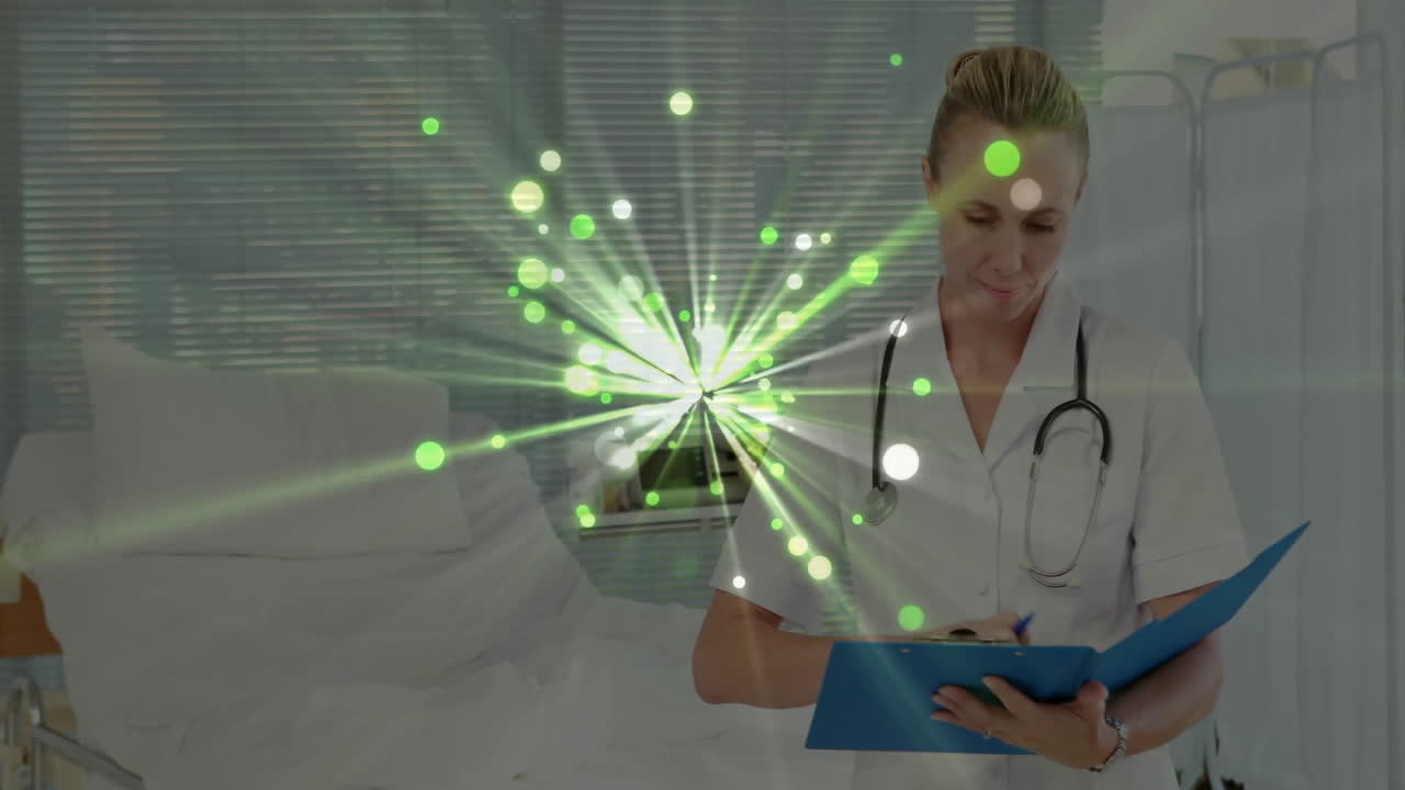 female nurse reviewing patient notes next to hospital bed, showcasing green digital light beams