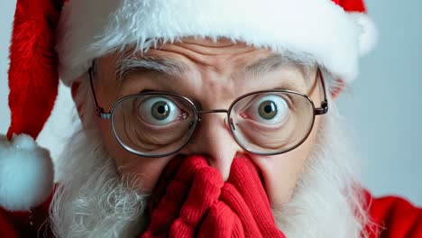 a man in a santa claus hat covering his mouth with his hands