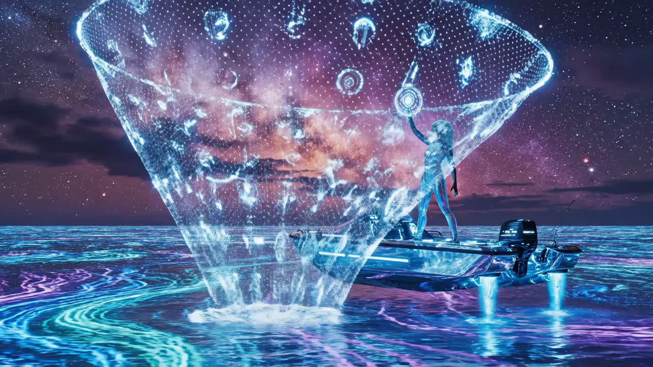 Futuristic Woman on a Boat with Hologram Under the Stars