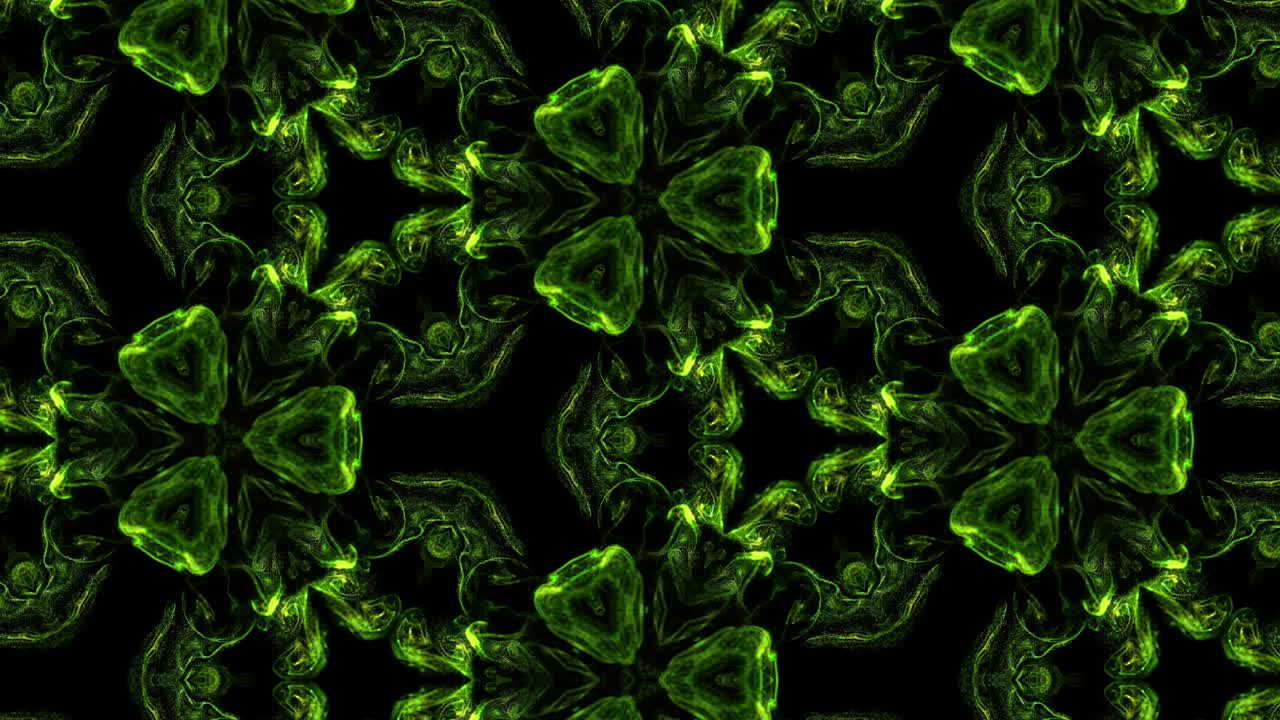 efecto caleidoscópico de tinta de partículas verdes brillantes sobre un fondo negro con luma mate como canal alfa. advección como efecto de tinta.