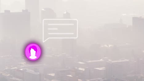 animación del icono de las redes sociales y la burbuja de habla sobre el paisaje urbano