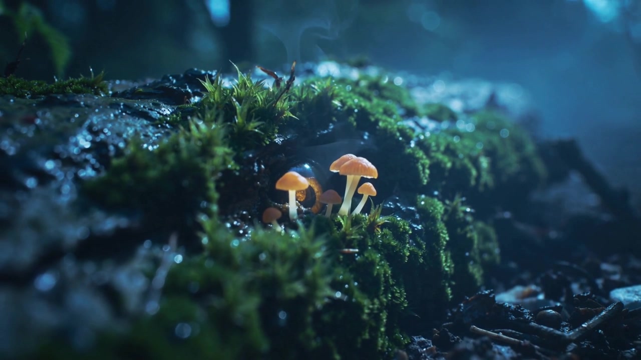 La telecamera si avvicina rivelando un gruppo di funghi arancioni su un tronco muschioso, mostrando la rugiada e i dettagli del cappello.