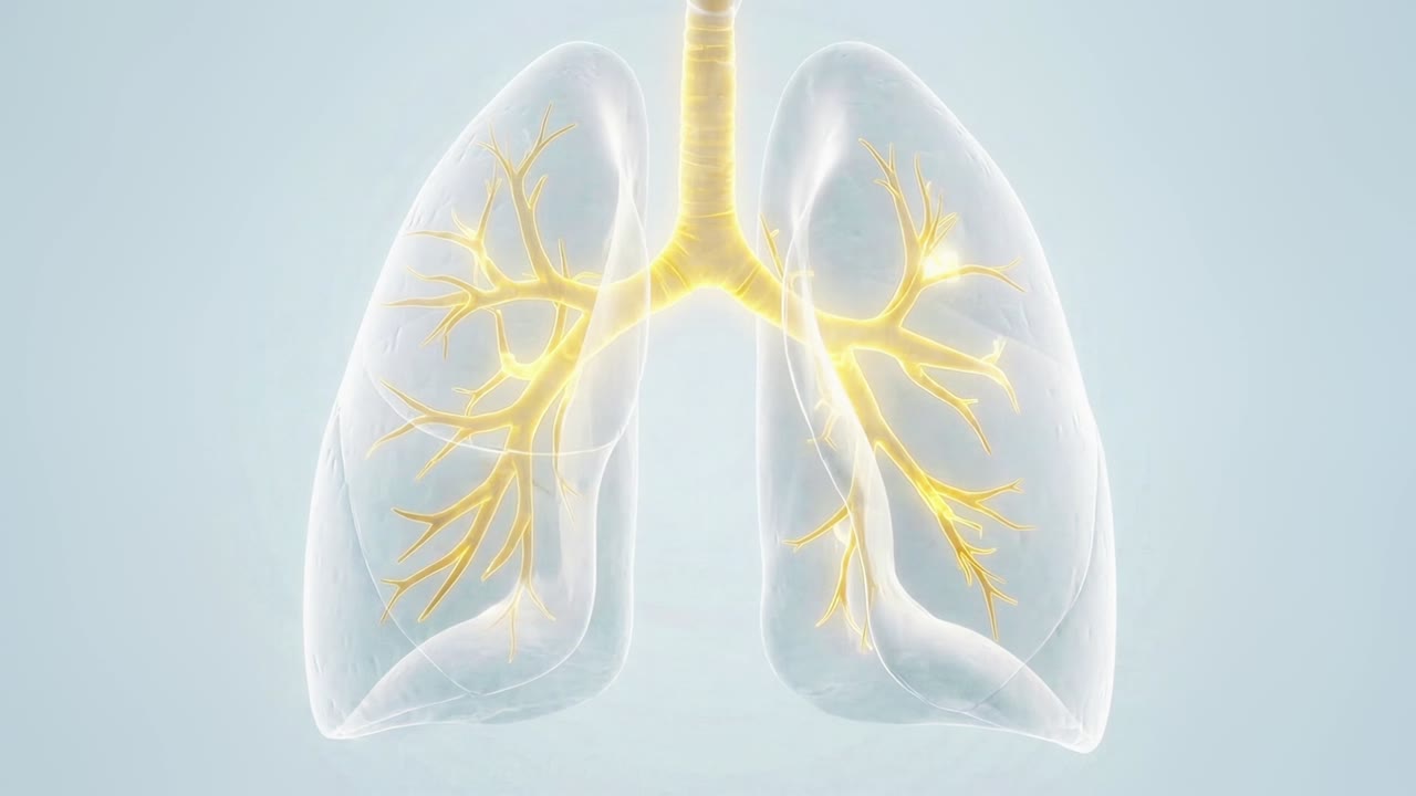 Polmoni umani trasparenti con albero bronchiale evidenziato che mostra il flusso d'aria attraverso la trachea e il movimento dei bronchi